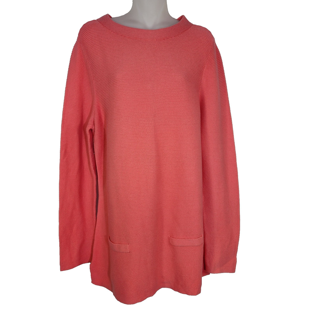 Talbots Tunic Sweater Womens Large Coral Ribbed Knit Pullover Cotton Faux Pocket
